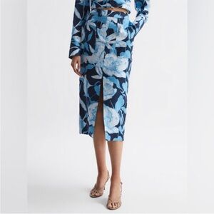 Reiss Jackson Floral Printed Linen Midi Skirt Size 10 NWT